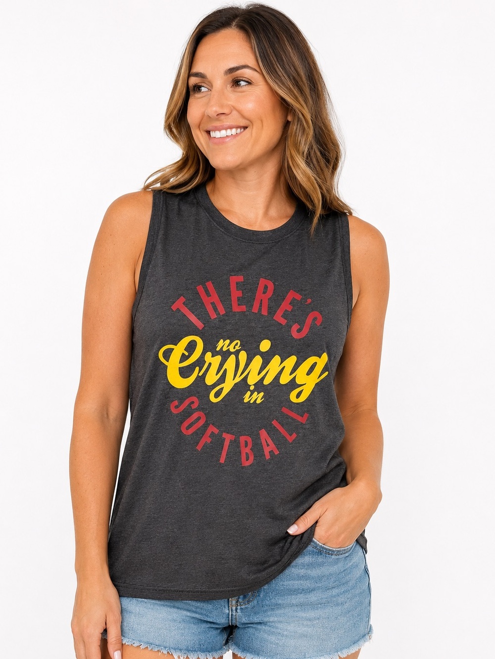 Charcoal Graphic Muscle Tank - "There's No Crying in Softball"